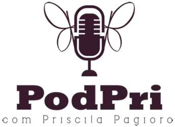 arte com um microfone com asas de borboleta, sobre o nome PodPri com Priscila Pagioro, tudo em vinho